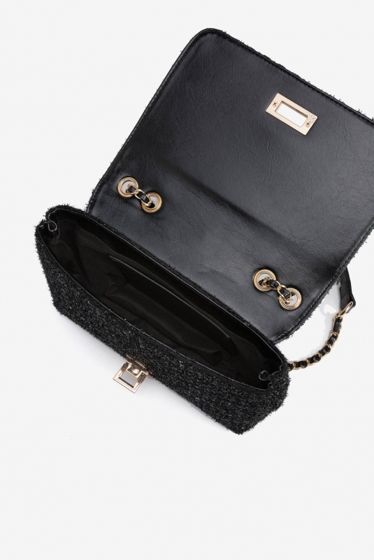 BOLSO TWEED NEGRO SOLAPA BRILLO