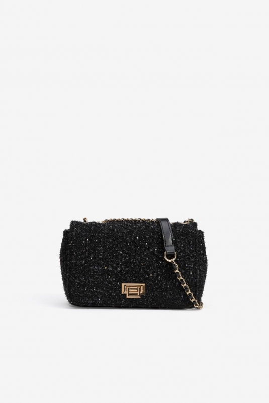 BOLSO TWEED NEGRO SOLAPA BRILLO