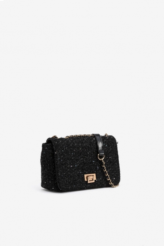 BOLSO TWEED NEGRO SOLAPA BRILLO